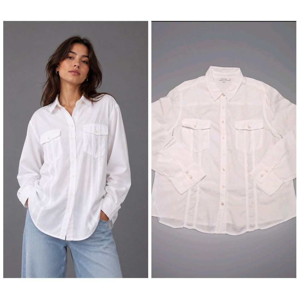 Chico's White 100% Lyocell Top Size 3 US 16 Button Down Long Sleeves Minimalist